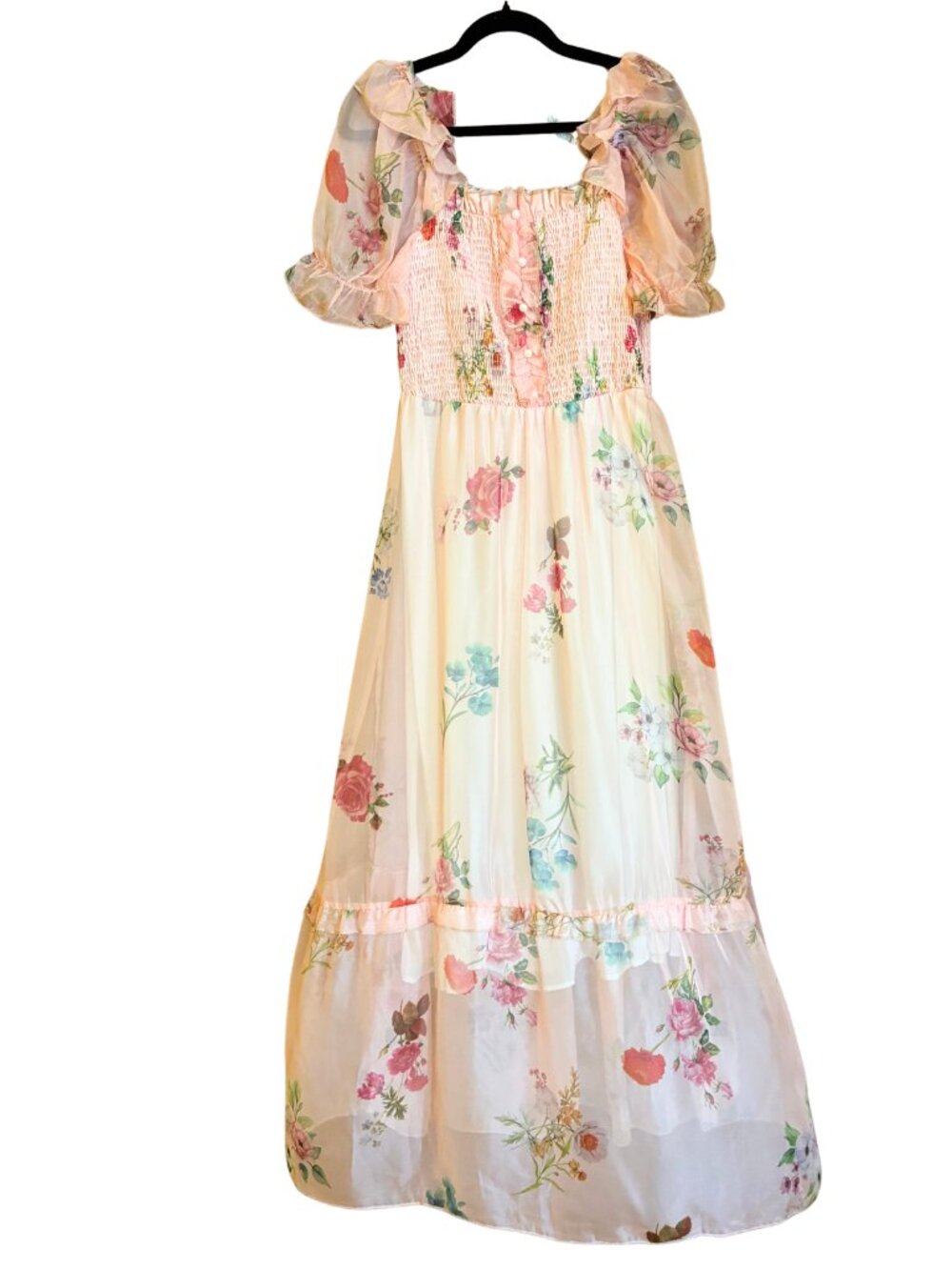 Pink Floral Maxi Dress Size S Cottagecore Romantic Puff Sleeve Garden Party
